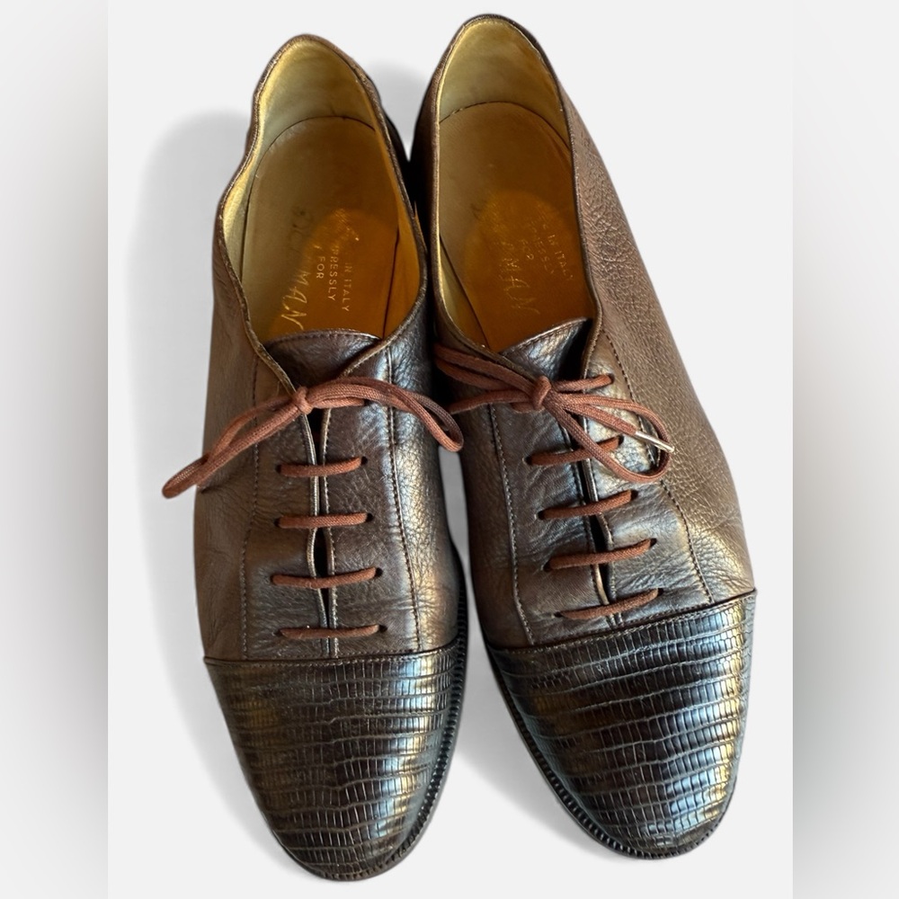 Vintage 40’s DELMAN brown leather lace up Oxfords with Aligator toe cap 7
